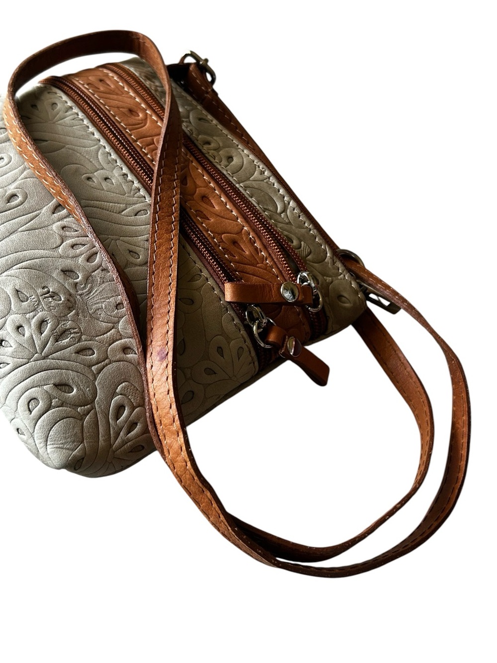 Italian Leather-Embossed Crossbody Bag in Cream and Tan - Picture 10 of 10